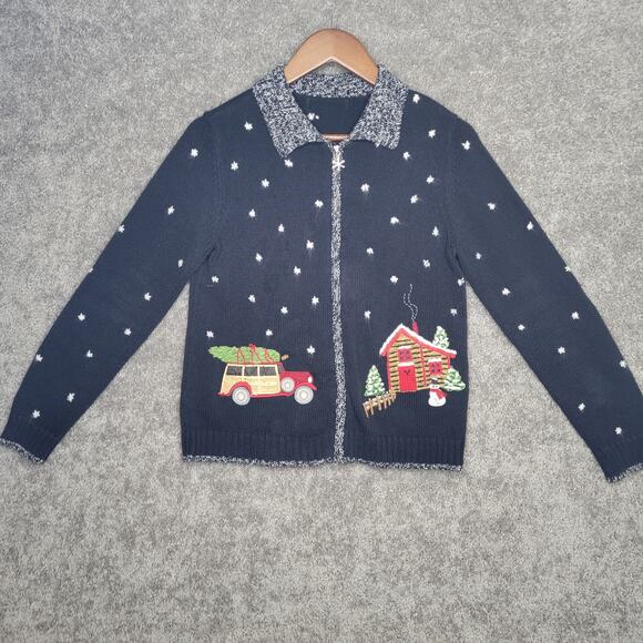 Black Christmas Cottagecore Country Cabin knitted Snowflake Holiday Sweater - Picture 1 of 6